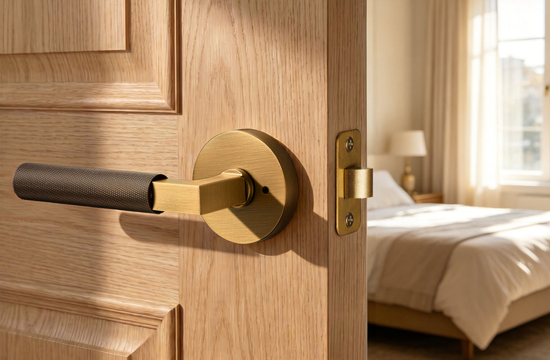 Brushed brass door lever handle with round rosette installed on natural oak bedroom door