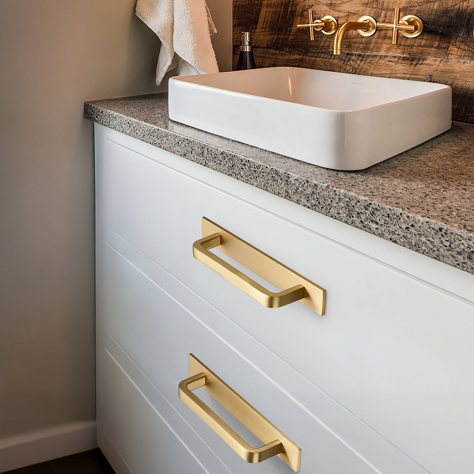 Solid brass cabinet handles with back panel, brushed gold modern drawer handles, suitable for cabinets, drawers and wardrobes (brushed gold, 5-inch (128 mm) hole spacing).