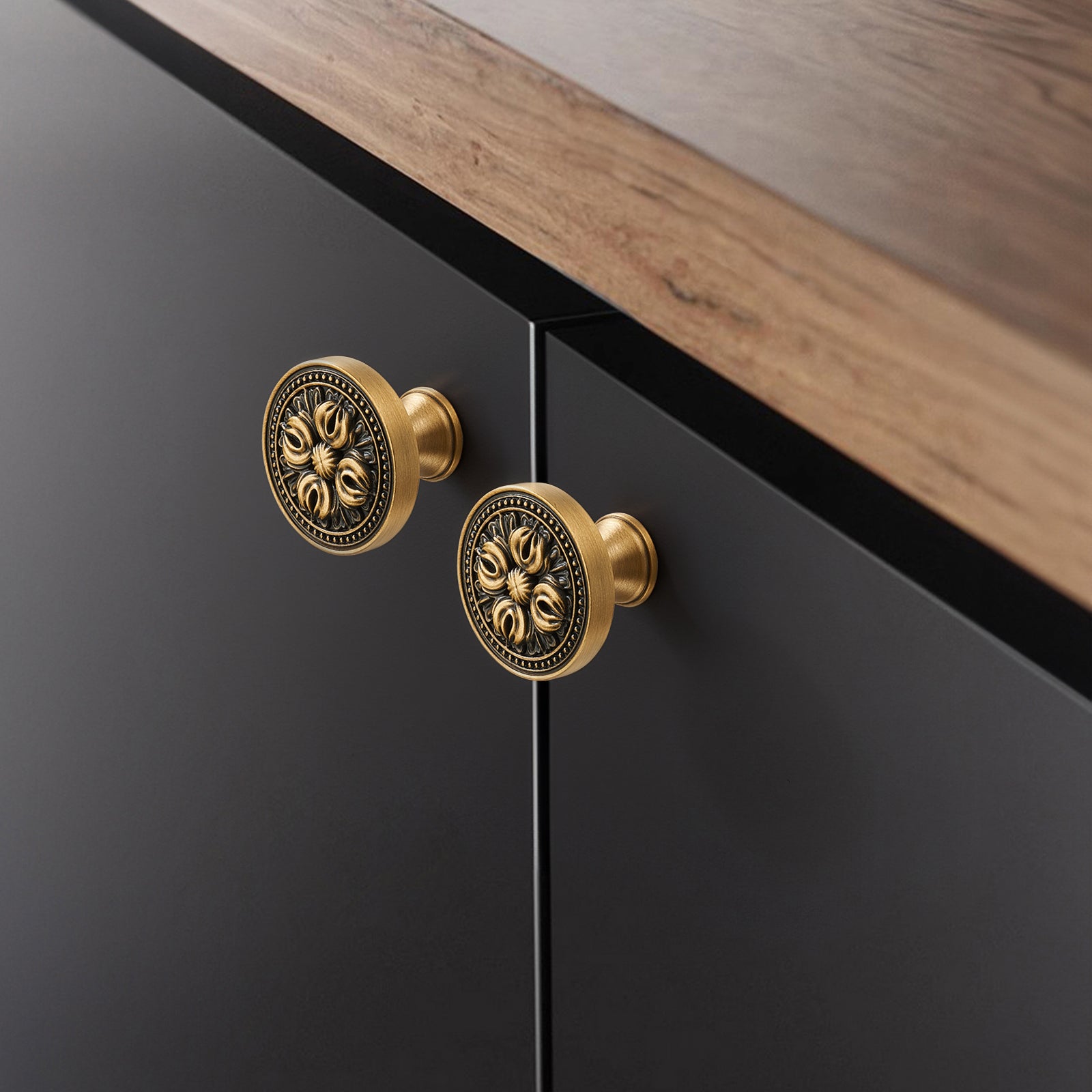 Antique Brass Cabinet Knobs – Vintage Solid Brass Drawer Pulls with Floral Design, 1.25" Decorative Knobs for Kitchen Cabinets, Wardrobe, Sideboard, Dresser or Bathroom Vanity