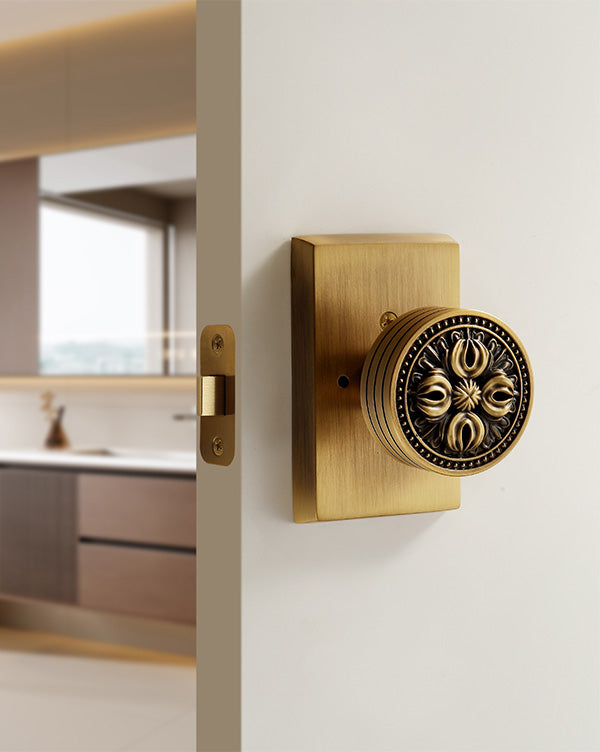 Antique Brass Vintage Floral Privacy Door Knob – Vintage Design Solid Brass Decorative Handle, Secure and Durable for Bedroom and Bathroom Doors (Antique Brass, Privacy-2.375)