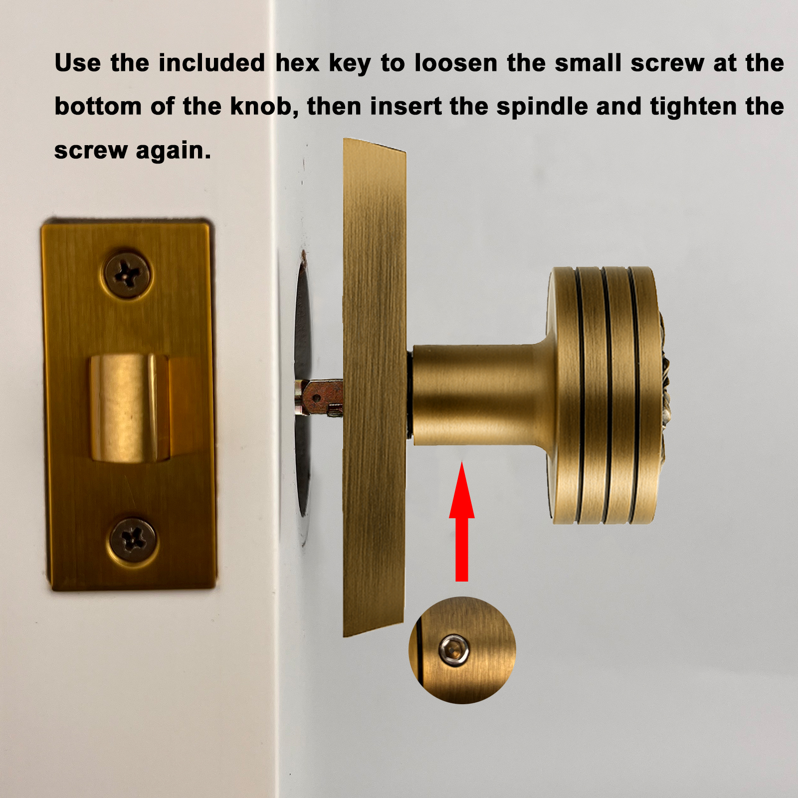 Installation guide diagram showing how to tighten spindle screw with hex key on antique brass door knob