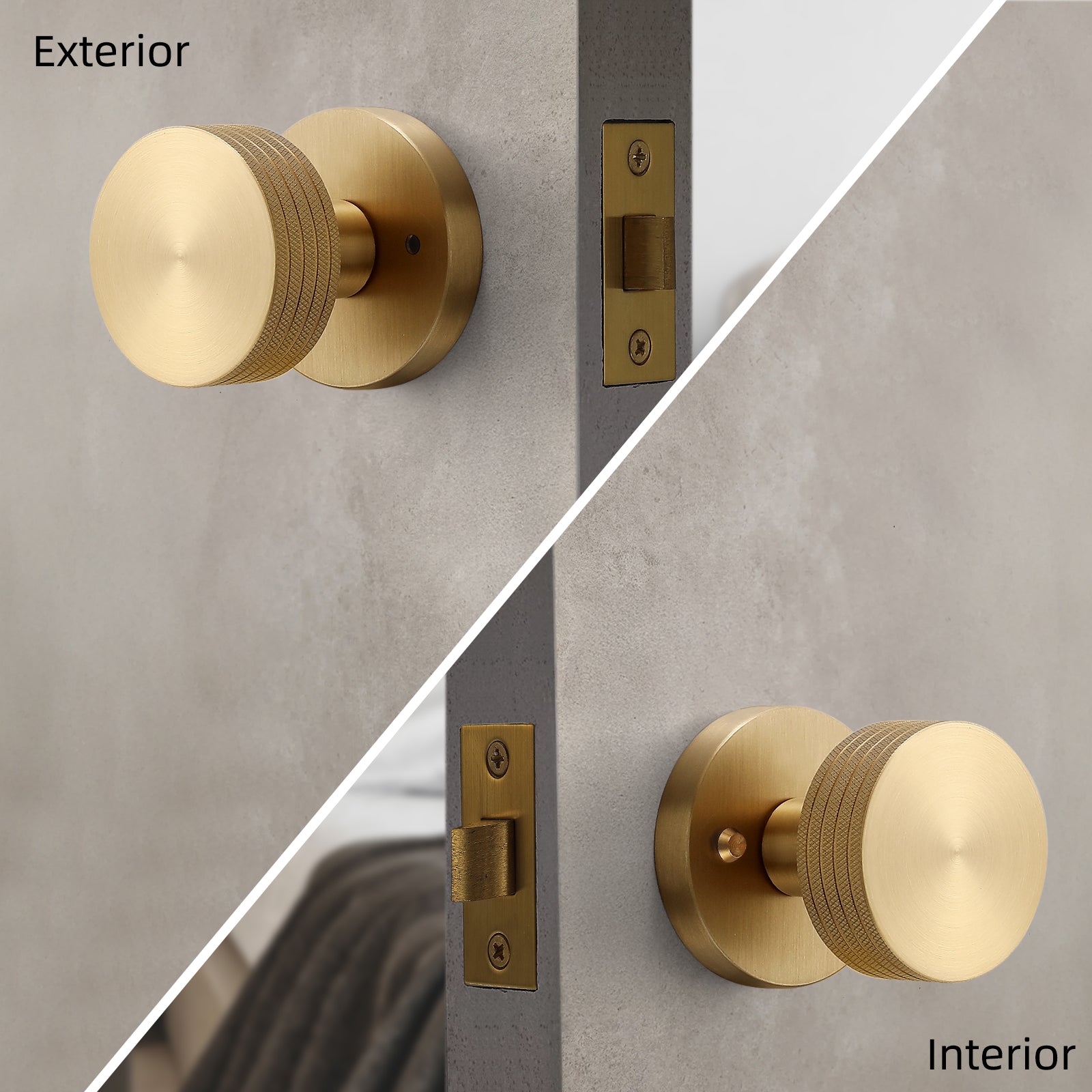 Knurled Brass Privacy Door Knob – Industrial Style Grip Handle, Solid Brass Build, Brushed Finish – 60mm Latch for Bedroom & Bathroom (Brushed Brass, Privacy-2.375 in)
