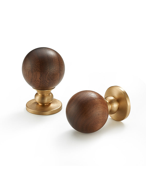 Wood and Brass Cabinet Knobs, 1-1/8inch Round Drawer Pull, Natural Woo