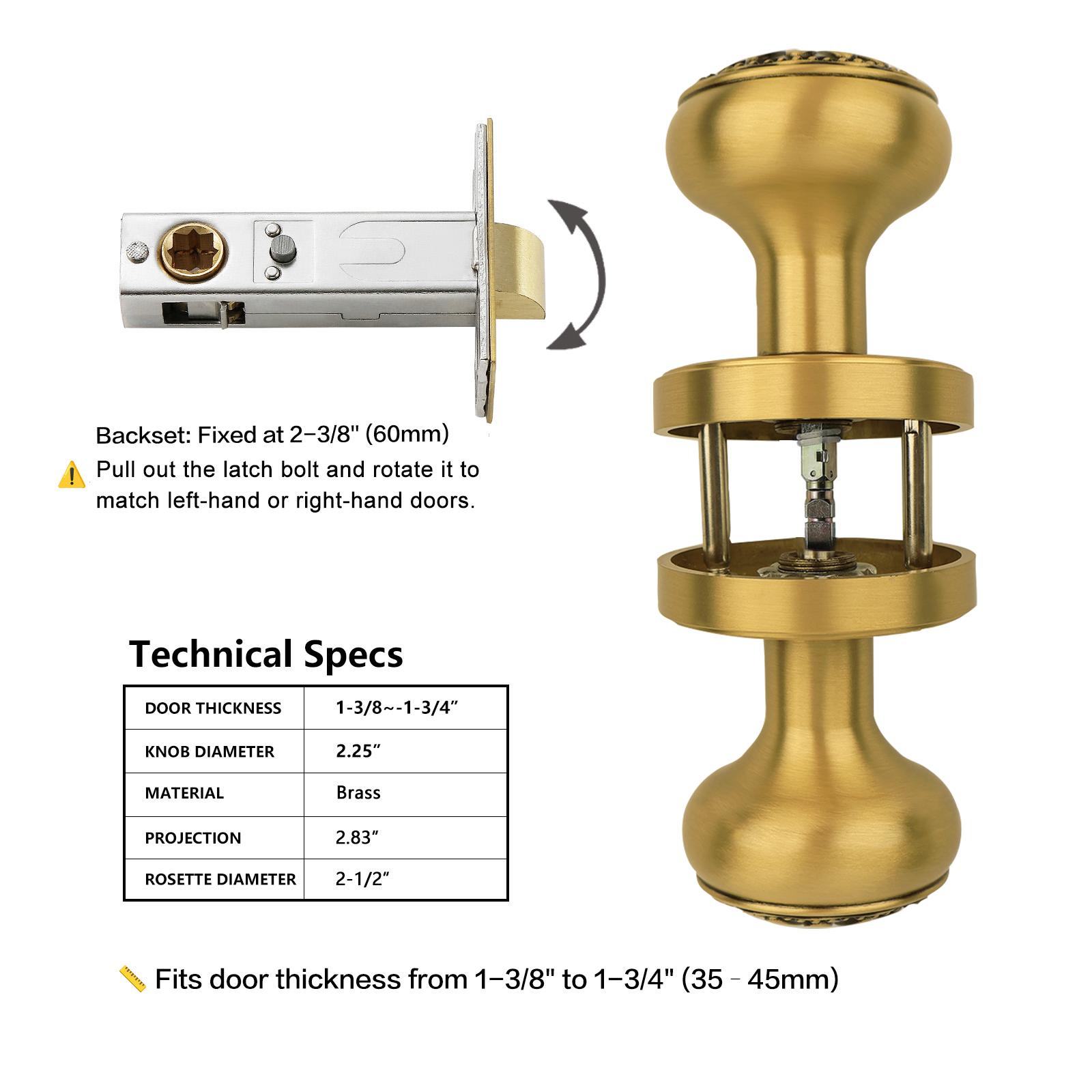 Black and Brushed Brass Door Knobs – Privacy Interior Handle with Floral Medallion, Elegant Art Deco Style for Bedroom and Bathroom Doors (Black and Brushed Brass, Privacy-2.375)