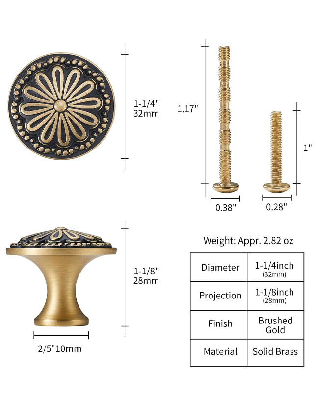 Black and Brushed-Gold Cabinet-Knobs - 2 Pack Flower Brass Drawer Pulls for Dresser Cabinet Hardware (2, Black)