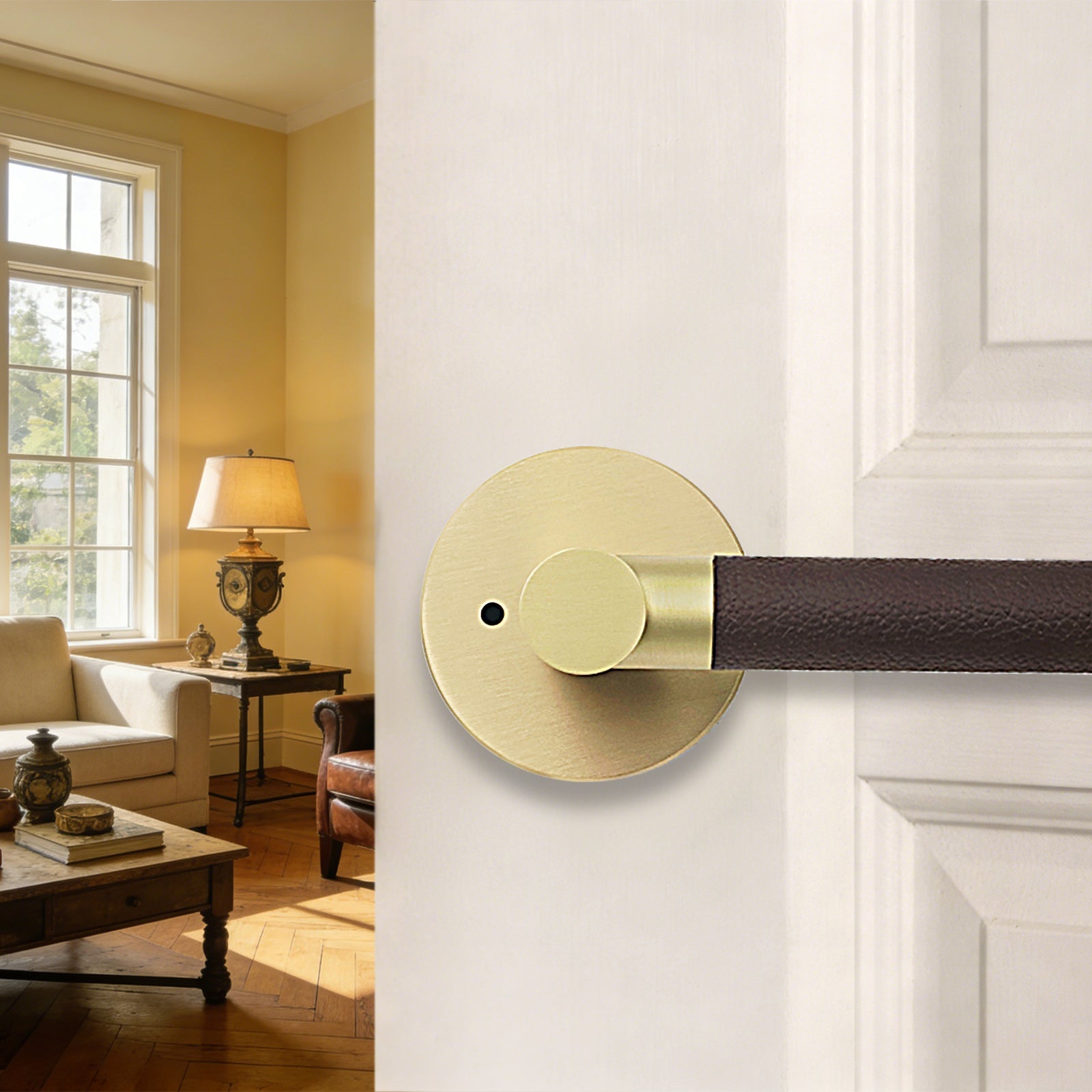 The Art of Tactile Luxury | Heavy-duty Brass & Hand-Stitched Leather Privacy Door Lever for Bedrooms & Bathrooms