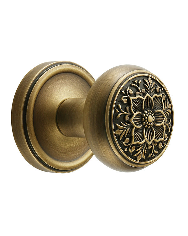 Antique Brass Door Knob with Intricate Floral Design – Privacy Handles Elegant and Durable for Interior Doors, Classic Vintage Look for Home or Office Decor(Antique Brass, Privacy-2.375 in)