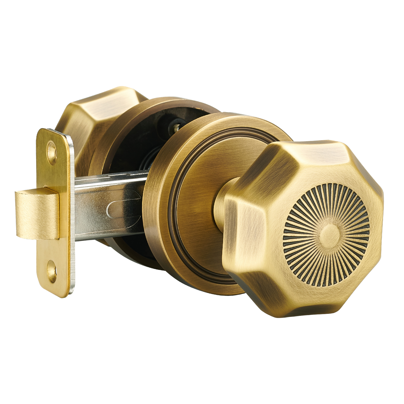 Sunburst Octagonal Antique Brass Passage Door Knob | Art Deco Brass Handle for Hallway & Closet