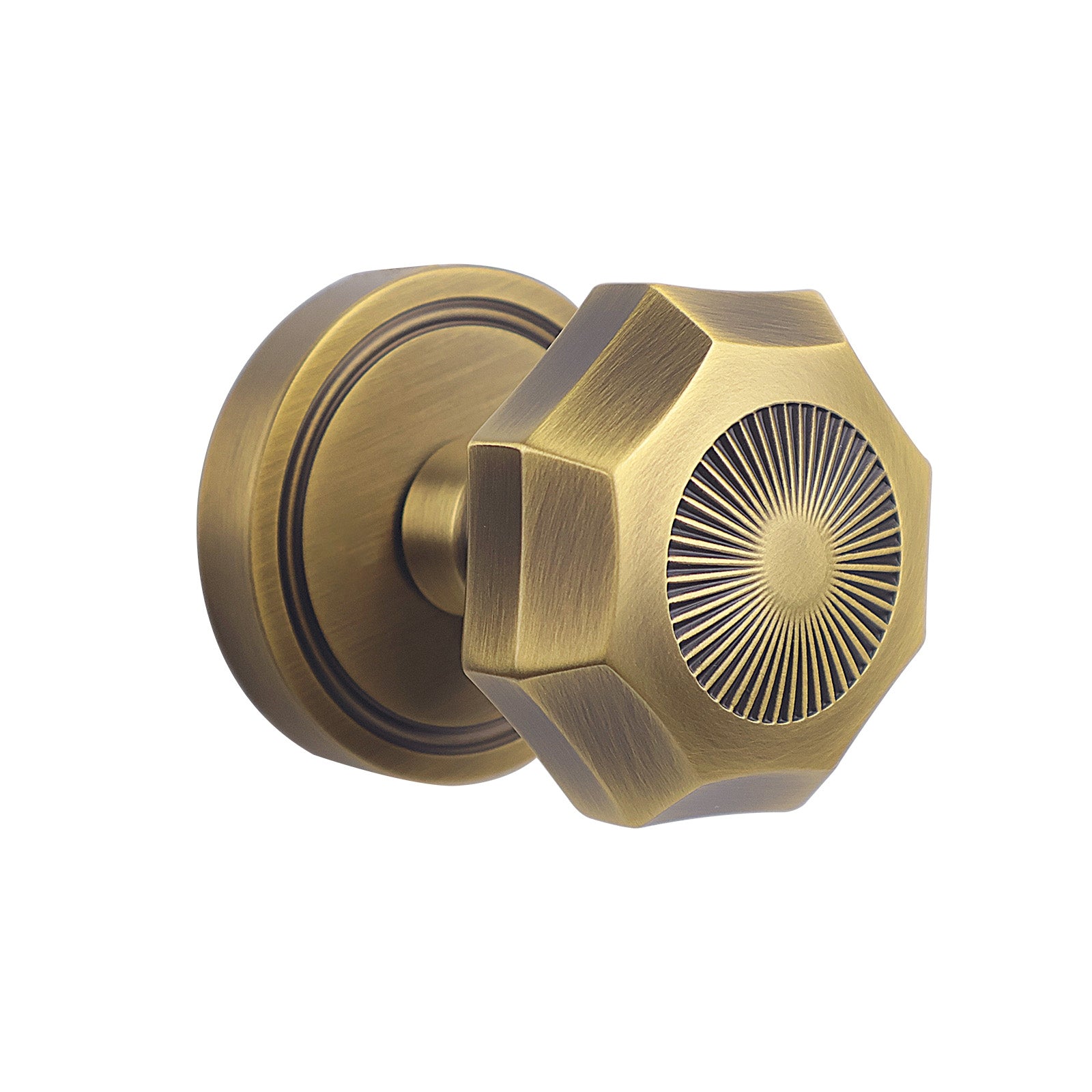 Sunburst Octagonal Antique Brass Passage Door Knob | Art Deco Brass Handle for Hallway & Closet