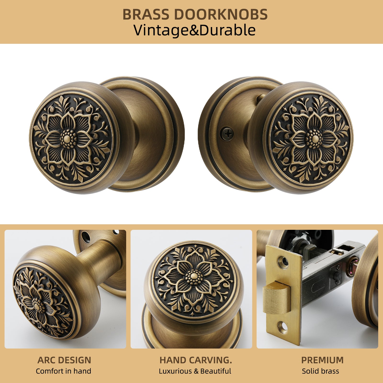 Product feature highlights of antique brass floral door knob showing hand carving and solid brass construction