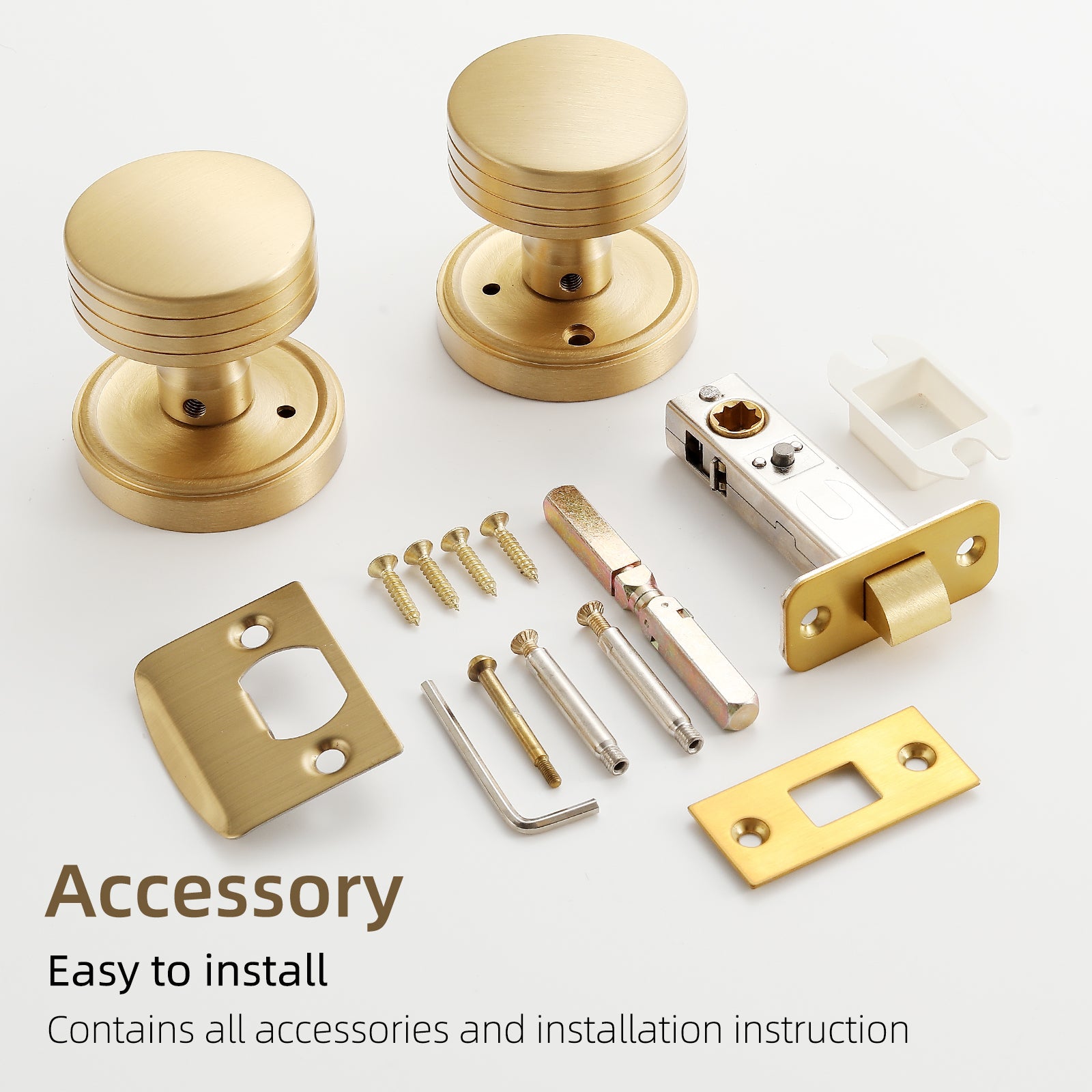 Minimalist Brass Privacy Door Knob – Decorative Groove Design, Brushed Brass Finish, Solid Brass Latch – 70mm Fixed Backset for Bedroom & Bathroom (Brushed Brass, Privacy-2.75 in)