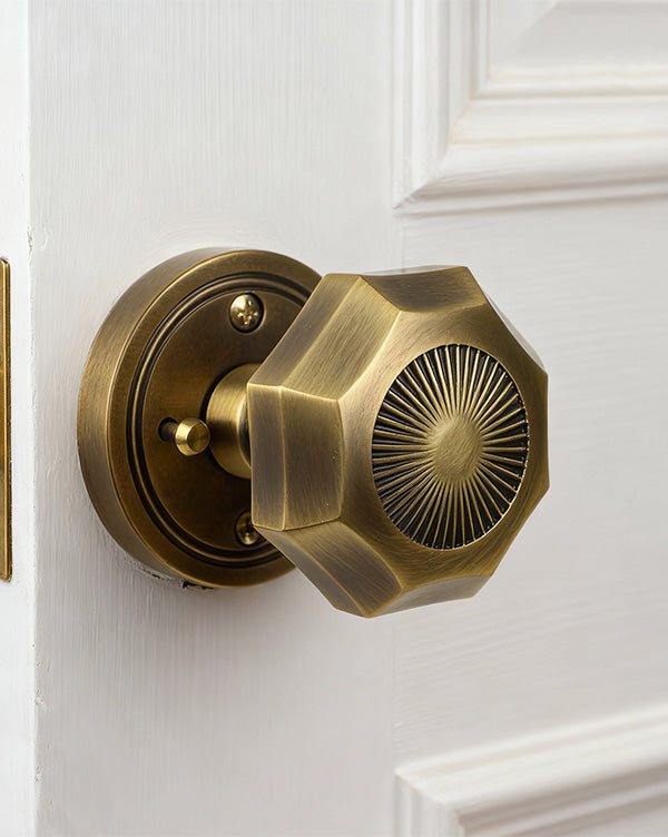 Sunburst Octagonal Antique Brass Privacy Door Knob | Art Deco Brass Handle for Bedroom & Bathroom