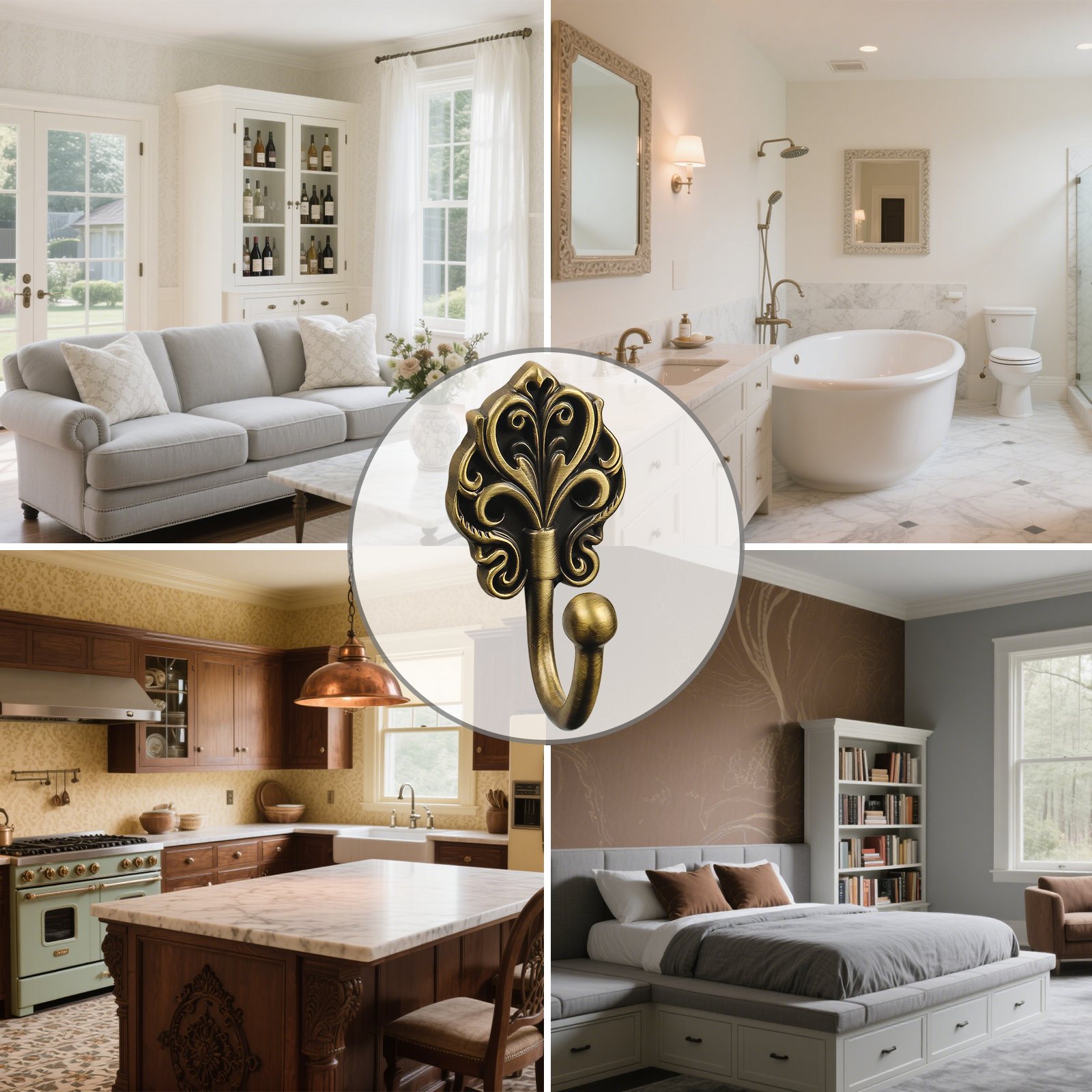 Solid Brass Wall Hooks 2 Pack – Heavy-Duty Decorative Coat Hooks with Antique Floral Design, Rustproof Hangers for Bathroom, Entryway, Bedroom, Closet