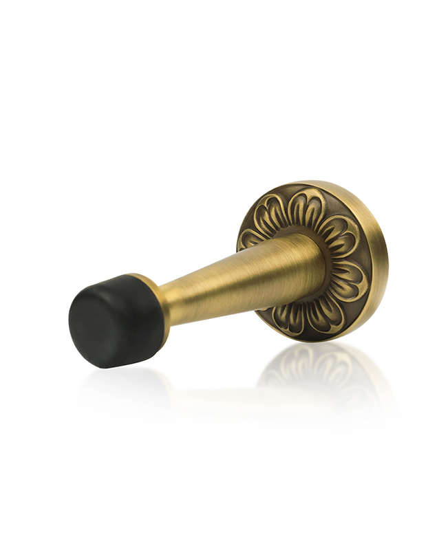 Decorative Antique Brass Door Stopper - Heavy Duty Rigid Door Stop with Rubber Bumper Tips for Wall Protection