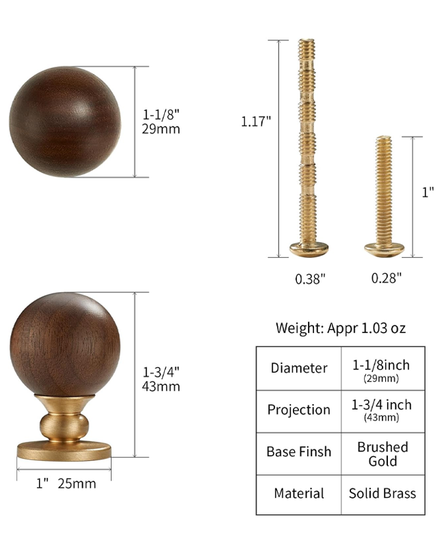 Wood and Brass Cabinet Knobs, 1-1/8inch Round Drawer Pull, Natural Wooden Handle for Furniture, Cabinets, and Drawers 2 Pack