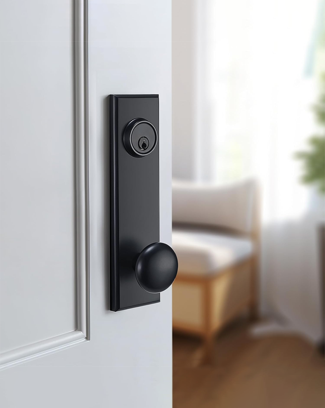 Modern Front Door Handle, Matte Black Entry Door Knobs with Single Cylinder Deadbolt for Exterior Door, Reversible for Right&Left Handed with 3 Keys (Matte Black)