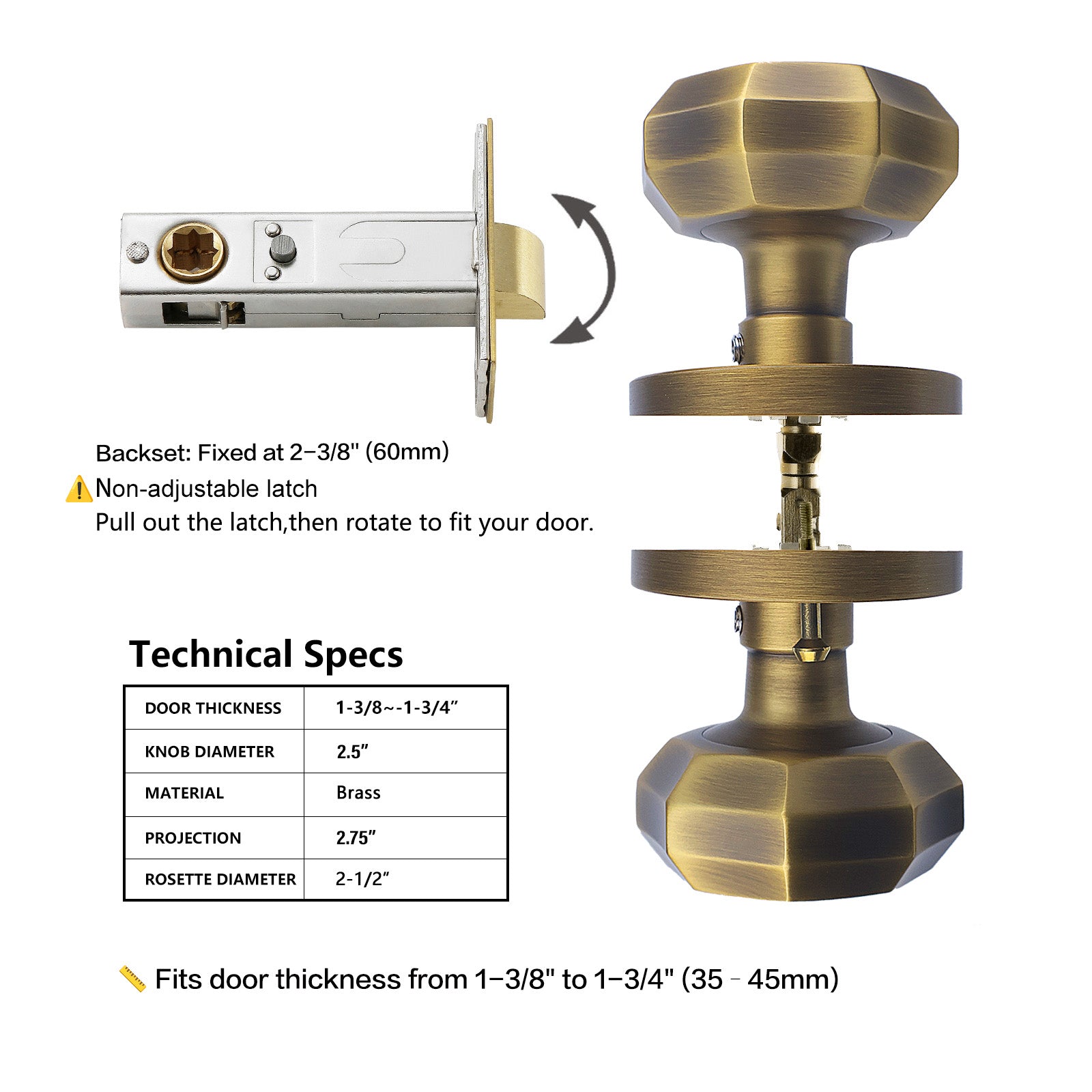 FLIRABBIT Antique Brass Privacy Door Knob Lock – Octagonal Sunburst Design, Solid Brass Handle Easy Install for Bedroom Bathroom Interior Doors (Antique Brass, Privacy-2.375)