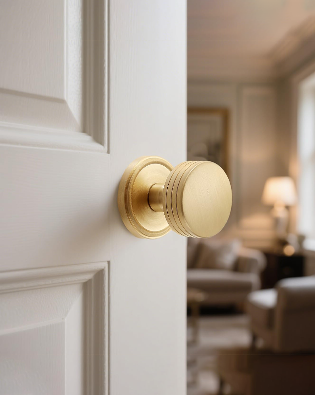 Minimalist Brass Privacy Door Knob – Decorative Groove Design, Brushed Brass Finish, Solid Brass Latch – 60mm Fixed Backset for Bedroom & Bathroom (Brushed Brass, Privacy-2.375 in)