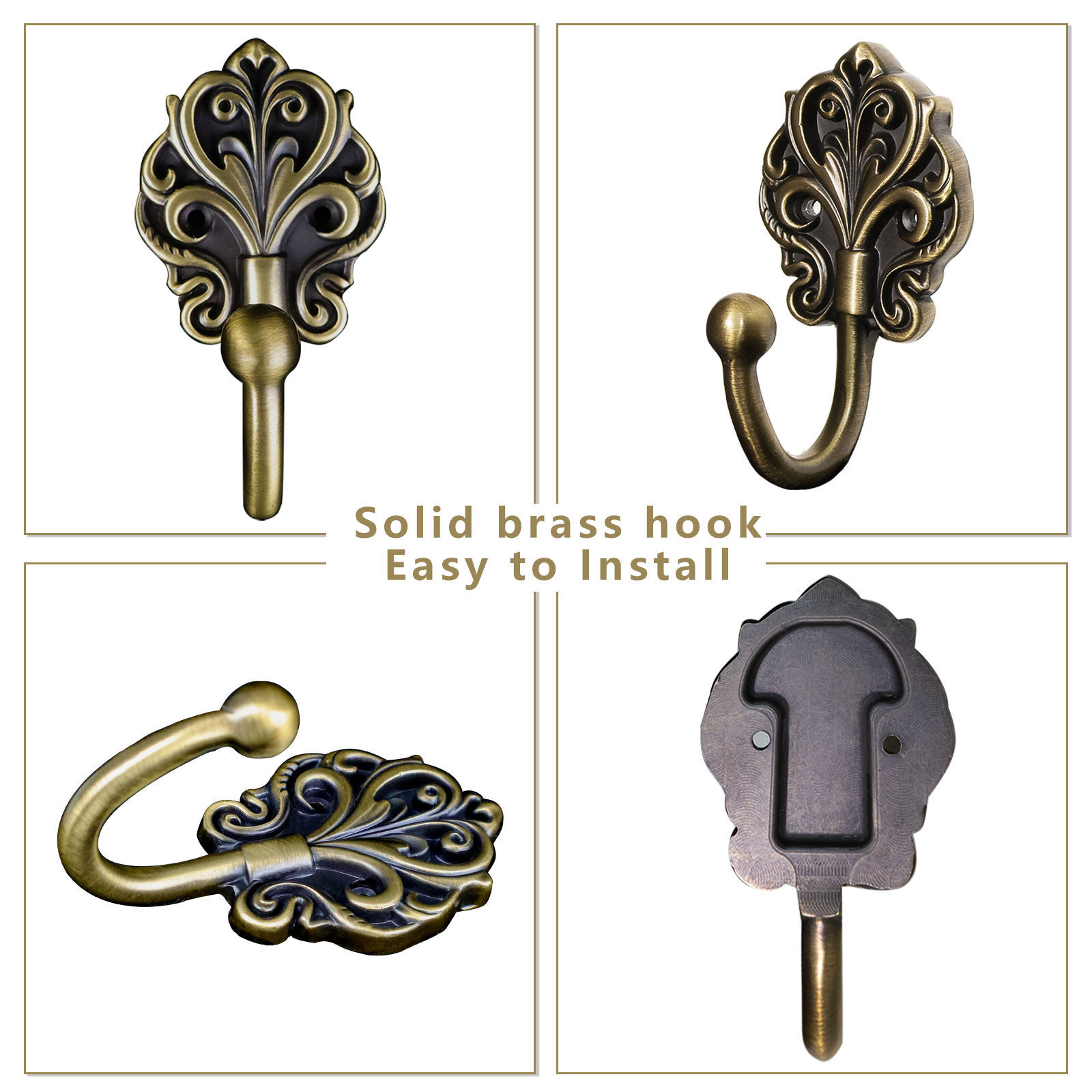 Solid Brass Wall Hooks 2 Pack – Heavy-Duty Decorative Coat Hooks with Antique Floral Design, Rustproof Hangers for Bathroom, Entryway, Bedroom, Closet