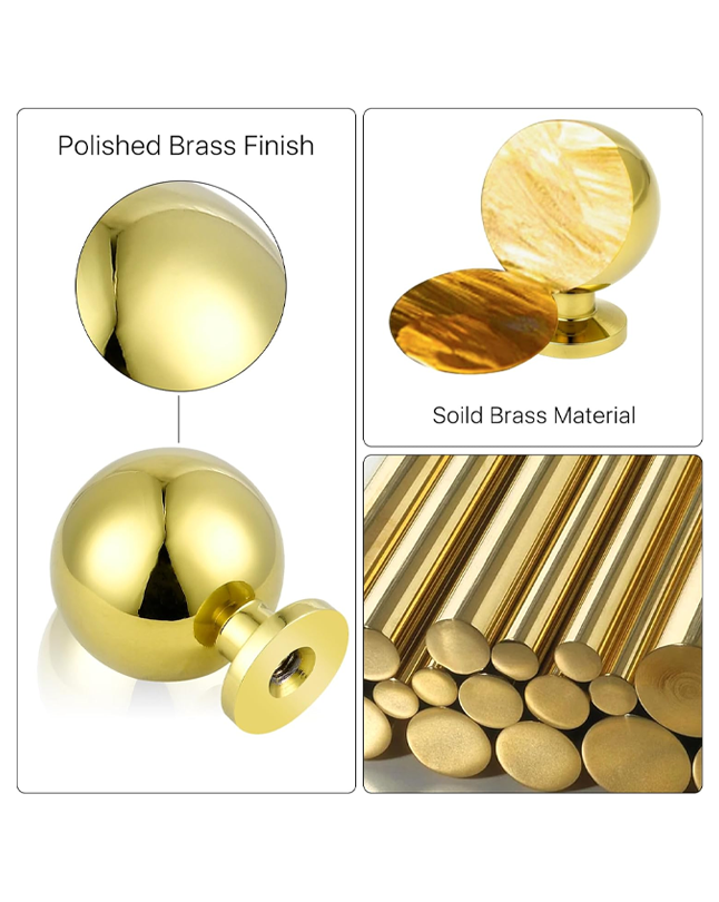Polished-Brass Drawer Cabinet Knobs - Solid Brass Handles Hardware for Dresser Kitchen Bedroom Bathroom (2 Pack)