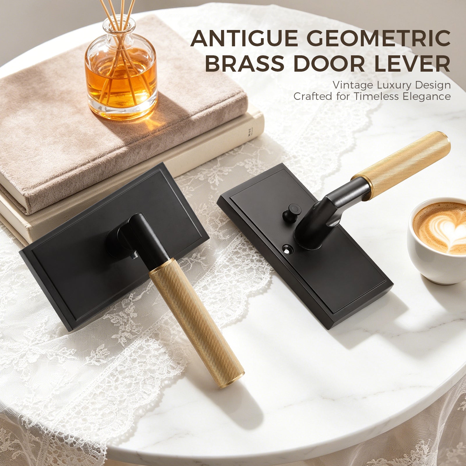 Pair of geometric brass door levers showcasing luxury modern style