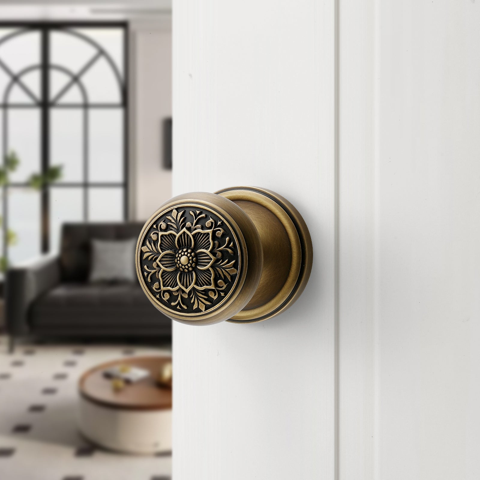 Antique Brass Floral Passage Door Knob | Brass Vintage Interior Handle for Hallway & Closet