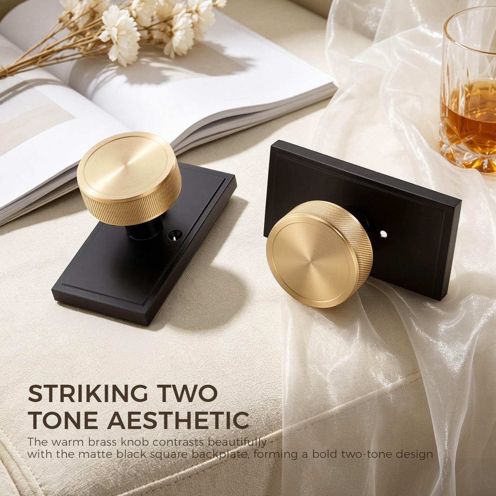 Close-up of solid brass knurled texture on matte black door knob