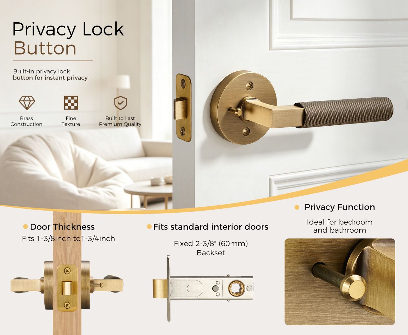 Flirabbit Knurled Linear Privacy Door Lever | Antique Brushed Brass Handle for Bedrooms & Bathrooms