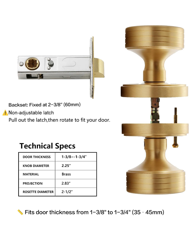 Minimalist Brass Privacy Door Knob – Decorative Groove Design, Brushed Brass Finish, Solid Brass Latch – 60mm Fixed Backset for Bedroom & Bathroom (Brushed Brass, Privacy-2.375 in)