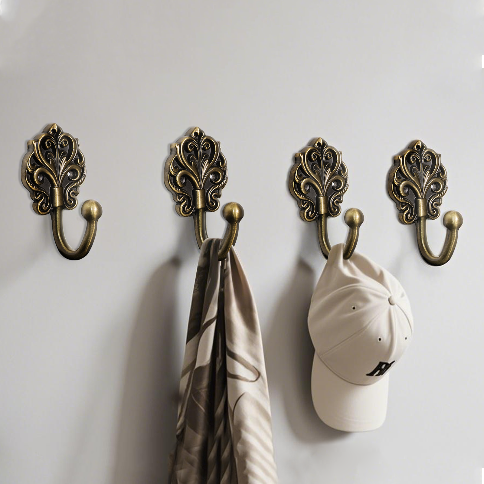Solid Brass Wall Hooks 2 Pack – Heavy-Duty Decorative Coat Hooks with Antique Floral Design, Rustproof Hangers for Bathroom, Entryway, Bedroom, Closet