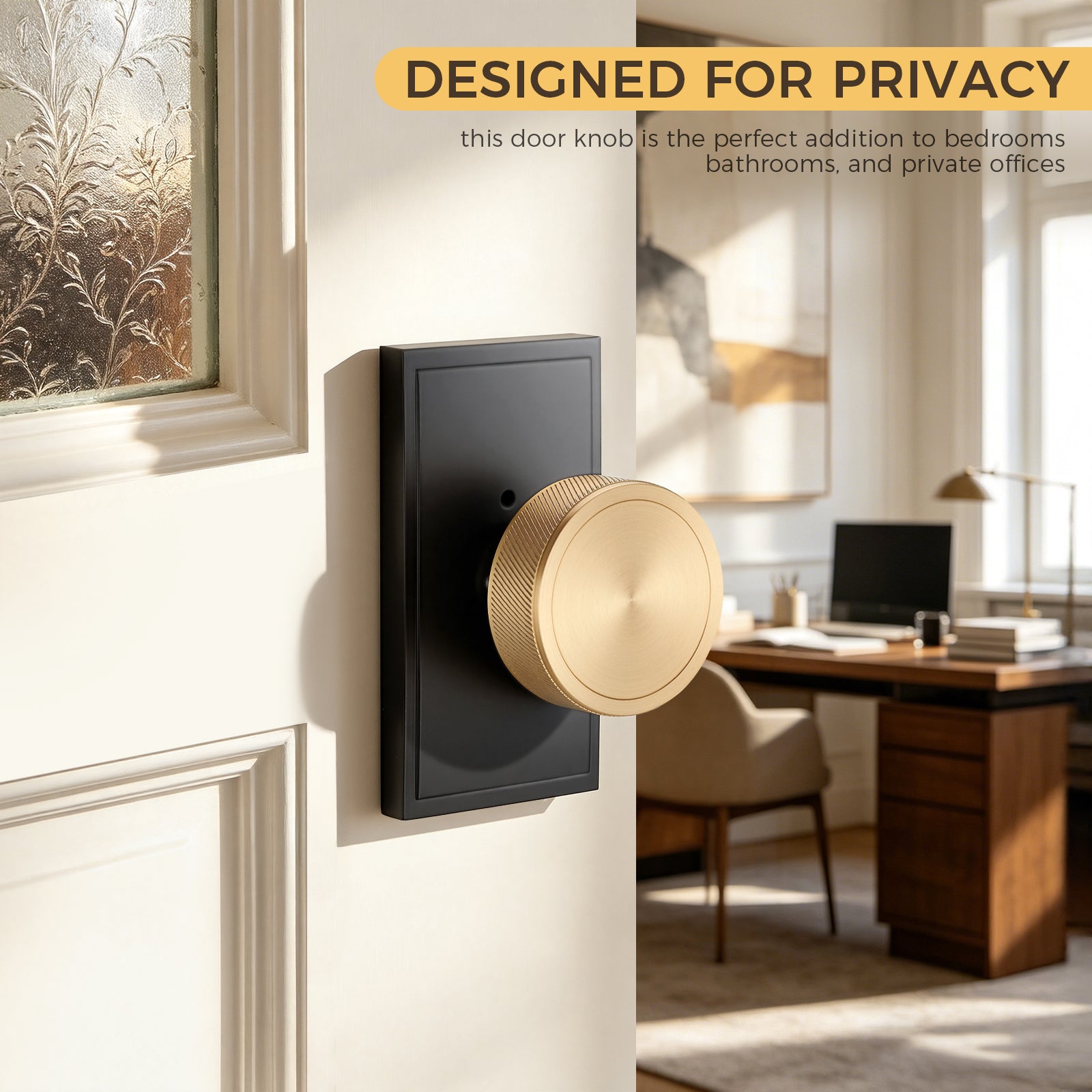Modern brass privacy door knob installed on a white interior bedroom door