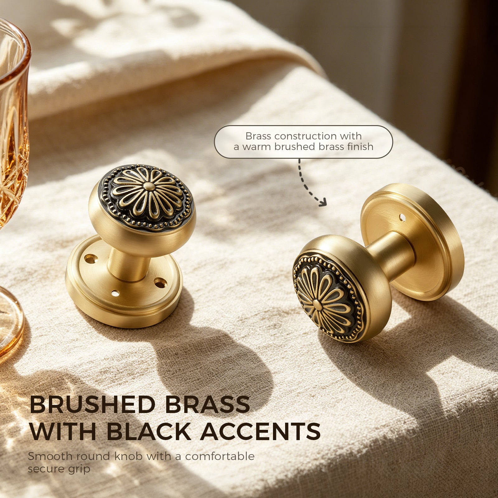 Brushed Brass Floral Privacy Door Knob | Brass-on-Black Art Deco Handle for Bedroom & Bathroom