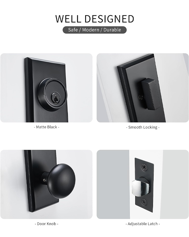 Modern Front Door Handle, Matte Black Entry Door Knobs with Single Cylinder Deadbolt for Exterior Door, Reversible for Right&Left Handed with 3 Keys (Matte Black)