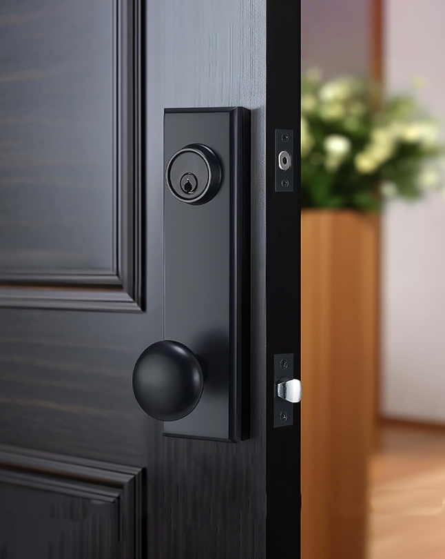 Modern Front Door Handle, Matte Black Entry Door Knobs with Single Cylinder Deadbolt for Exterior Door, Reversible for Right&Left Handed with 3 Keys (Matte Black)