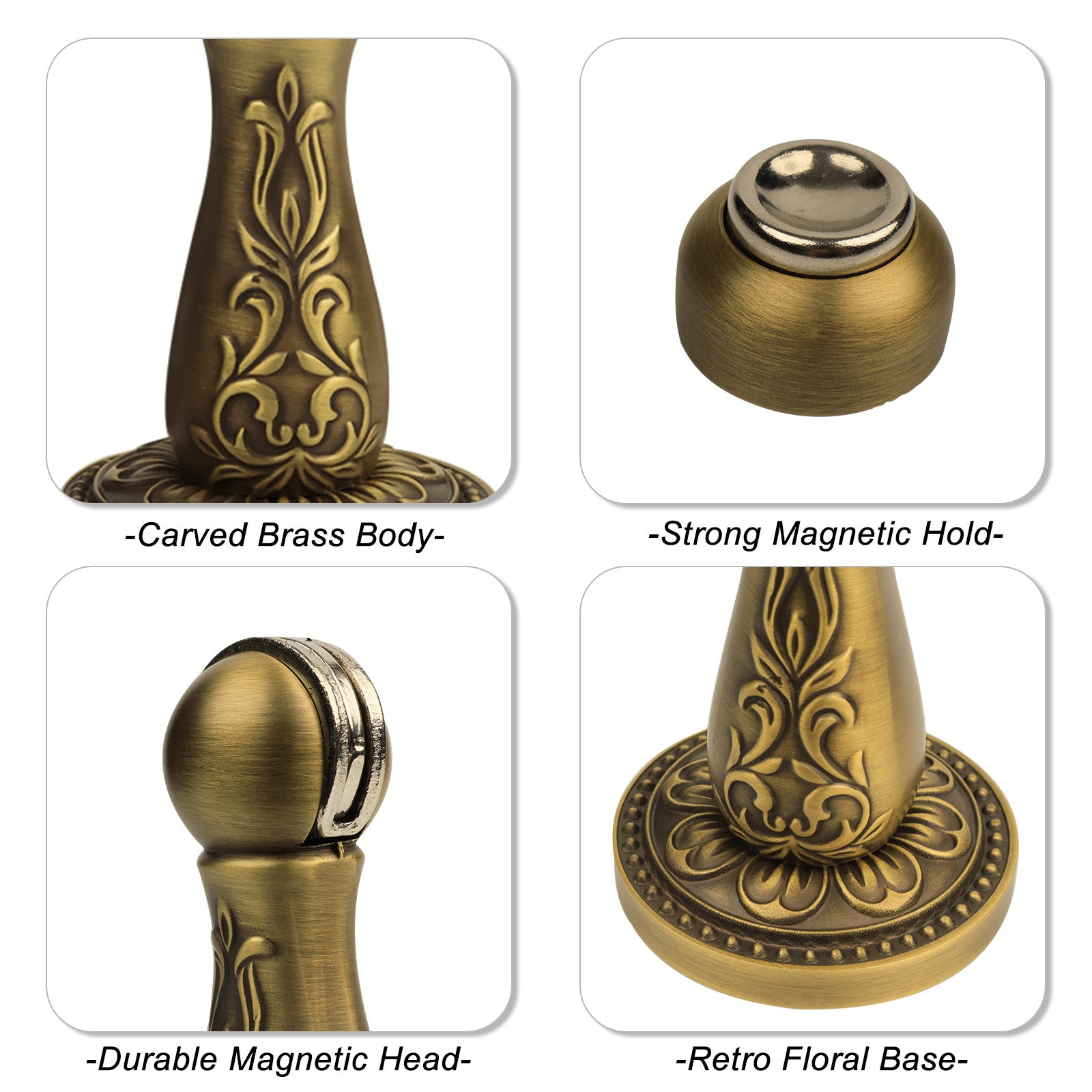 Antique Brass Magnetic Door Stop | Decorative Floral Brass Door Catch with Wall Magnet for Floor Mount