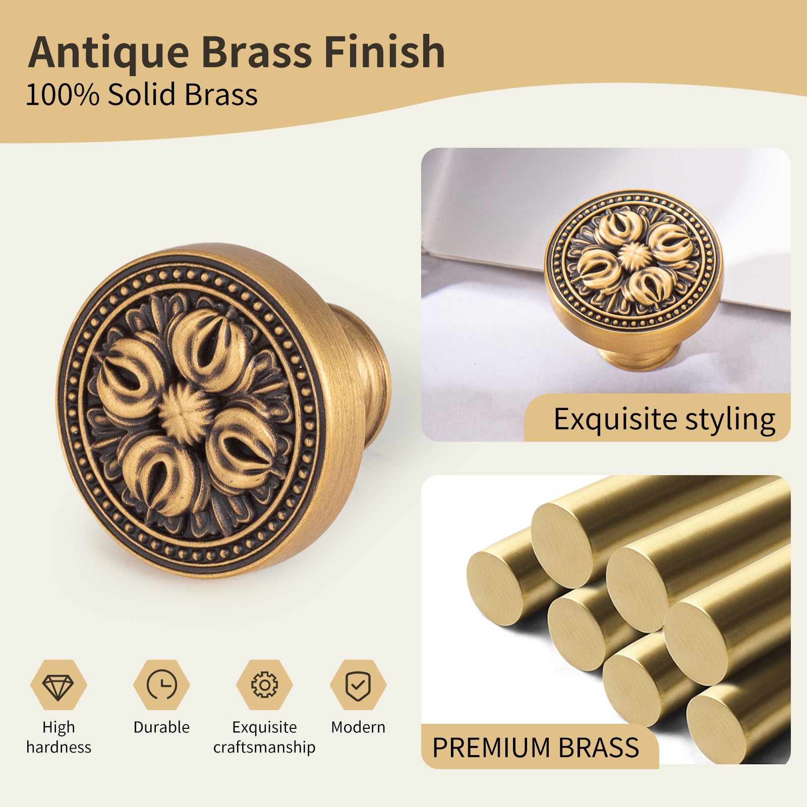 Product feature display highlighting 100% solid brass construction, antique brass finish, and detailed floral relief