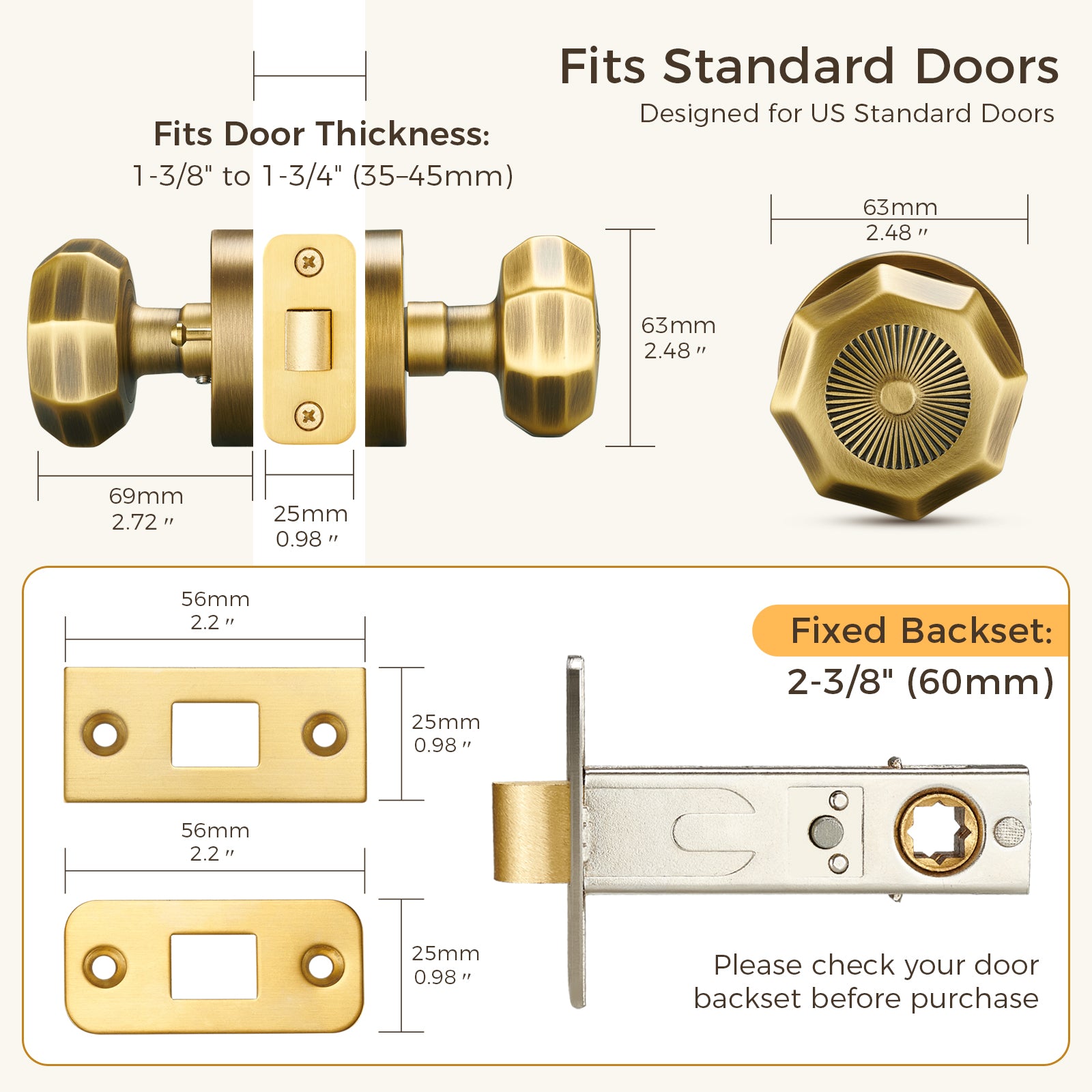 Sunburst Octagonal Antique Brass Privacy Door Knob | Art Deco Brass Handle for Bedroom & Bathroom