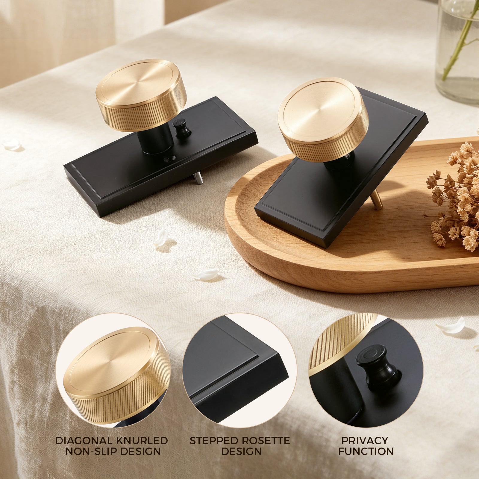 Close-up of solid brass knurled texture on matte black door knob