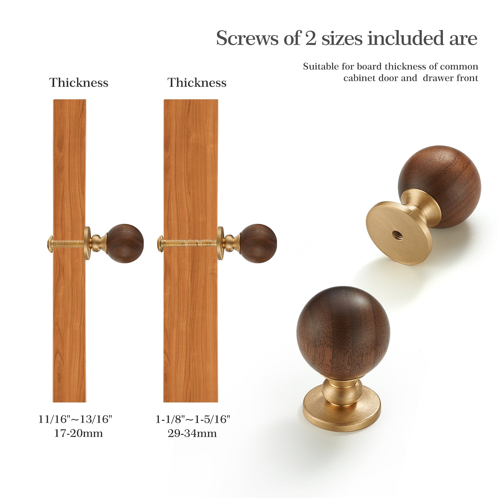 Wood and Brass Cabinet Knobs, 1-1/8inch Round Drawer Pull, Natural Wooden Handle for Furniture, Cabinets, and Drawers