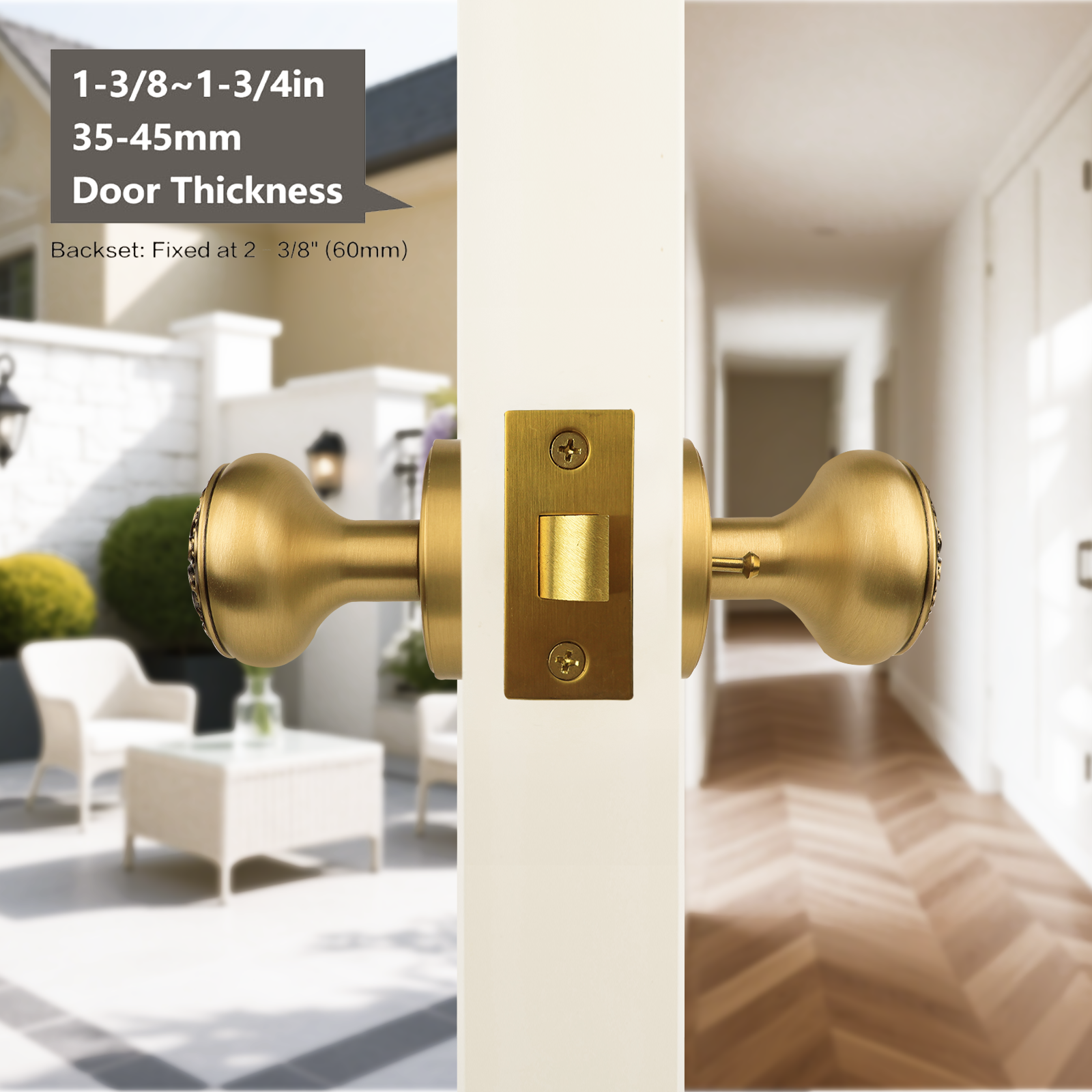 Black and Brushed Brass Door Knobs – Privacy Interior Handle with Floral Medallion, Elegant Art Deco Style for Bedroom and Bathroom Doors (Black and Brushed Brass, Privacy-2.375)