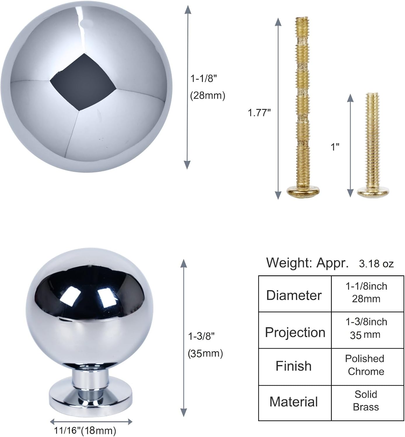 Round-Ball Polished-Chrome Cabinet Knobs Solid Brass Handles Hardware for Dresser Kitchen Bedroom Bathroom Drawer