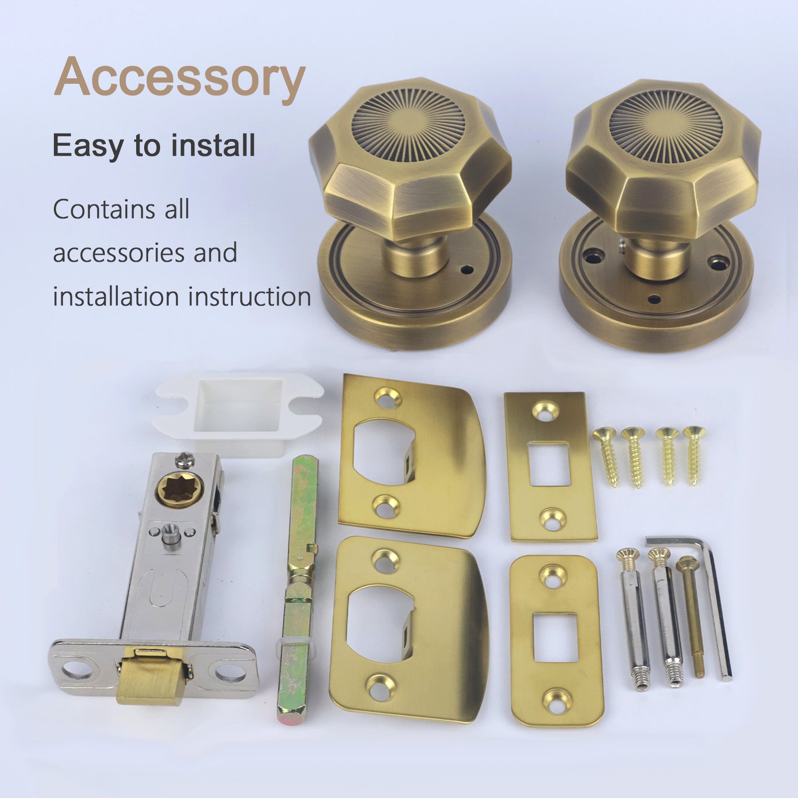 FLIRABBIT Antique Brass Privacy Door Knob Lock – Octagonal Sunburst Design, Solid Brass Handle Easy Install for Bedroom Bathroom Interior Doors (Antique Brass, Privacy-2.375)