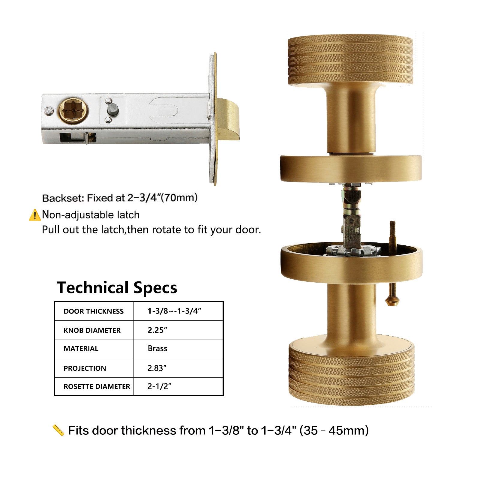 Knurled Brass Privacy Door Knob – Solid Brass Industrial Style Handle with Brushed Finish – Fixed 70mm Backset for Bedroom & Bathroom Doors (Brushed Brass, Privacy-2.75 in)