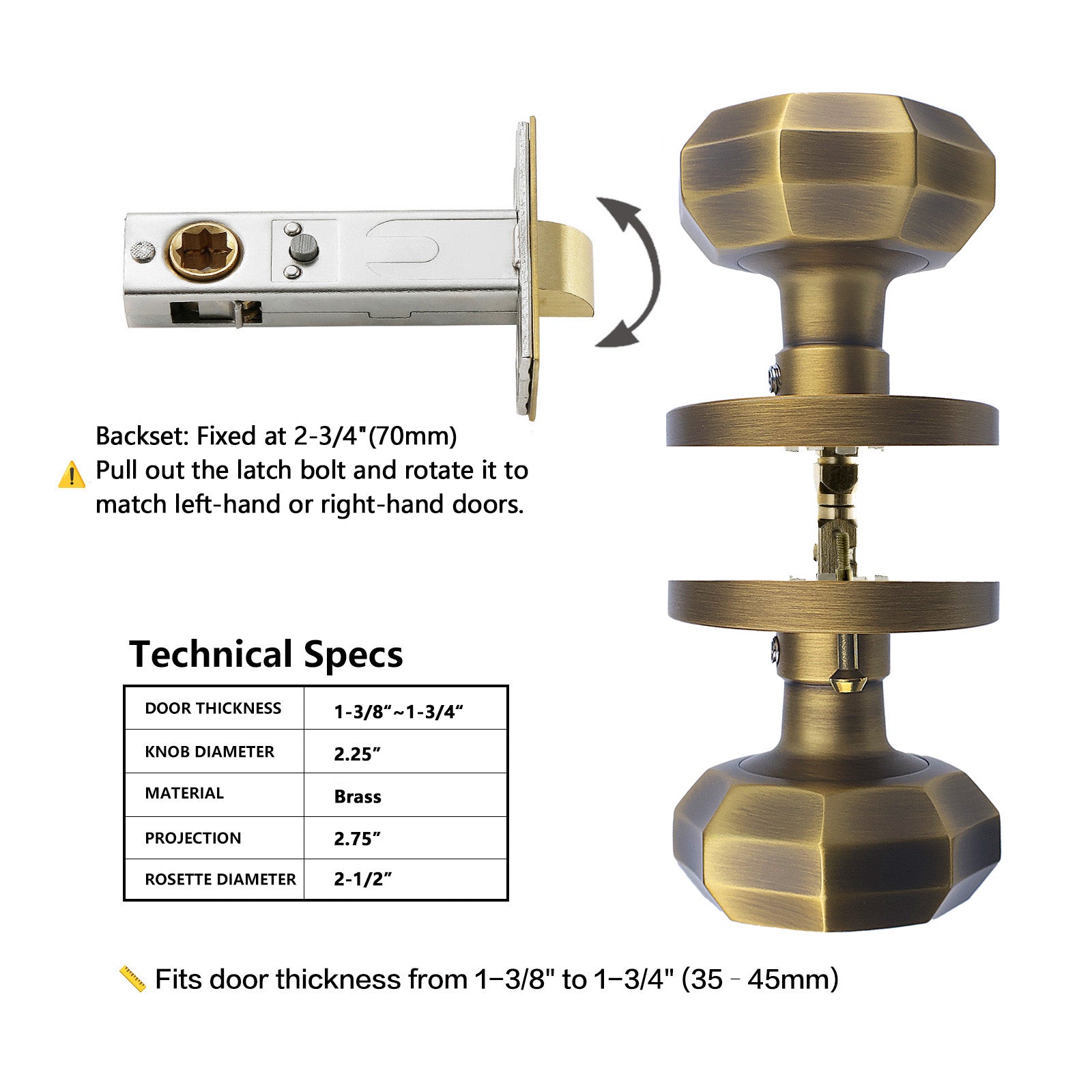 Technical specifications diagram for antique brass privacy door knob with 2-3/4 inch 70mm fixed backset