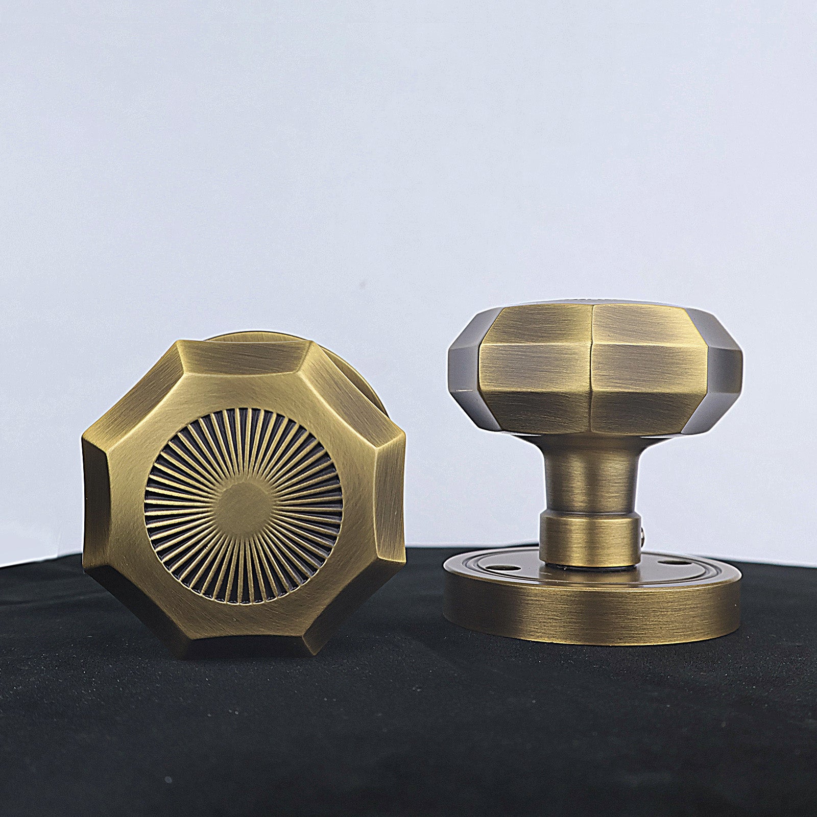 FLIRABBIT Antique Brass Privacy Door Knob Lock – Octagonal Sunburst Design, Solid Brass Handle Easy Install for Bedroom Bathroom Interior Doors (Antique Brass, Privacy-2.375)