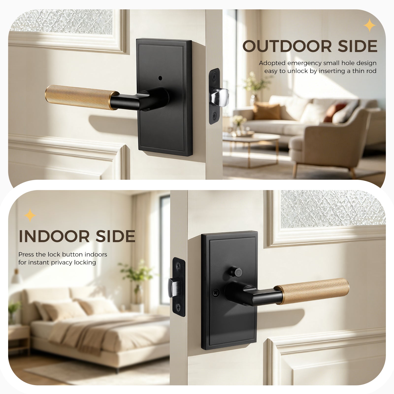 Indoor and outdoor side view of matte black and brass privacy door lever