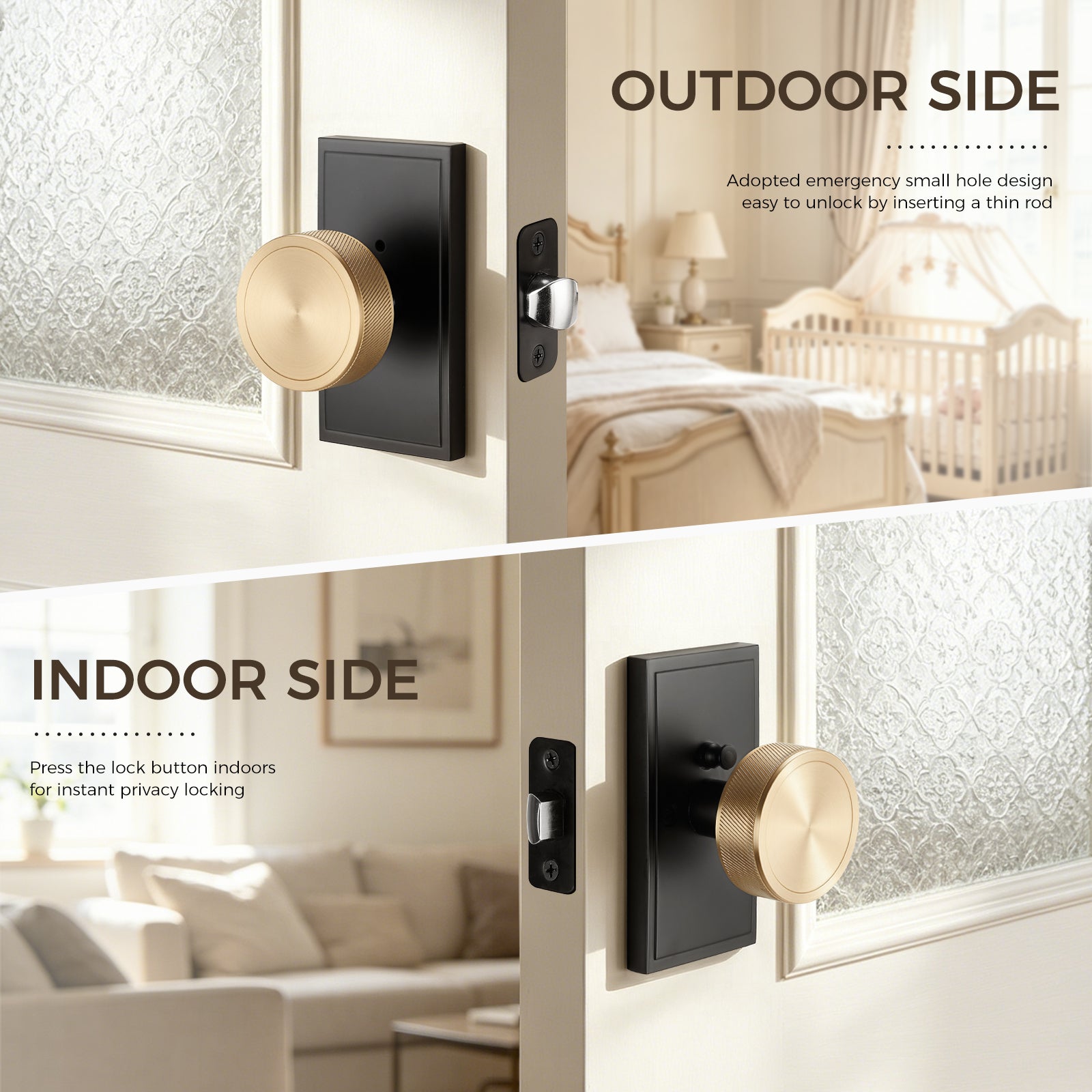 Indoor and outdoor side view of brass knurled privacy door knob