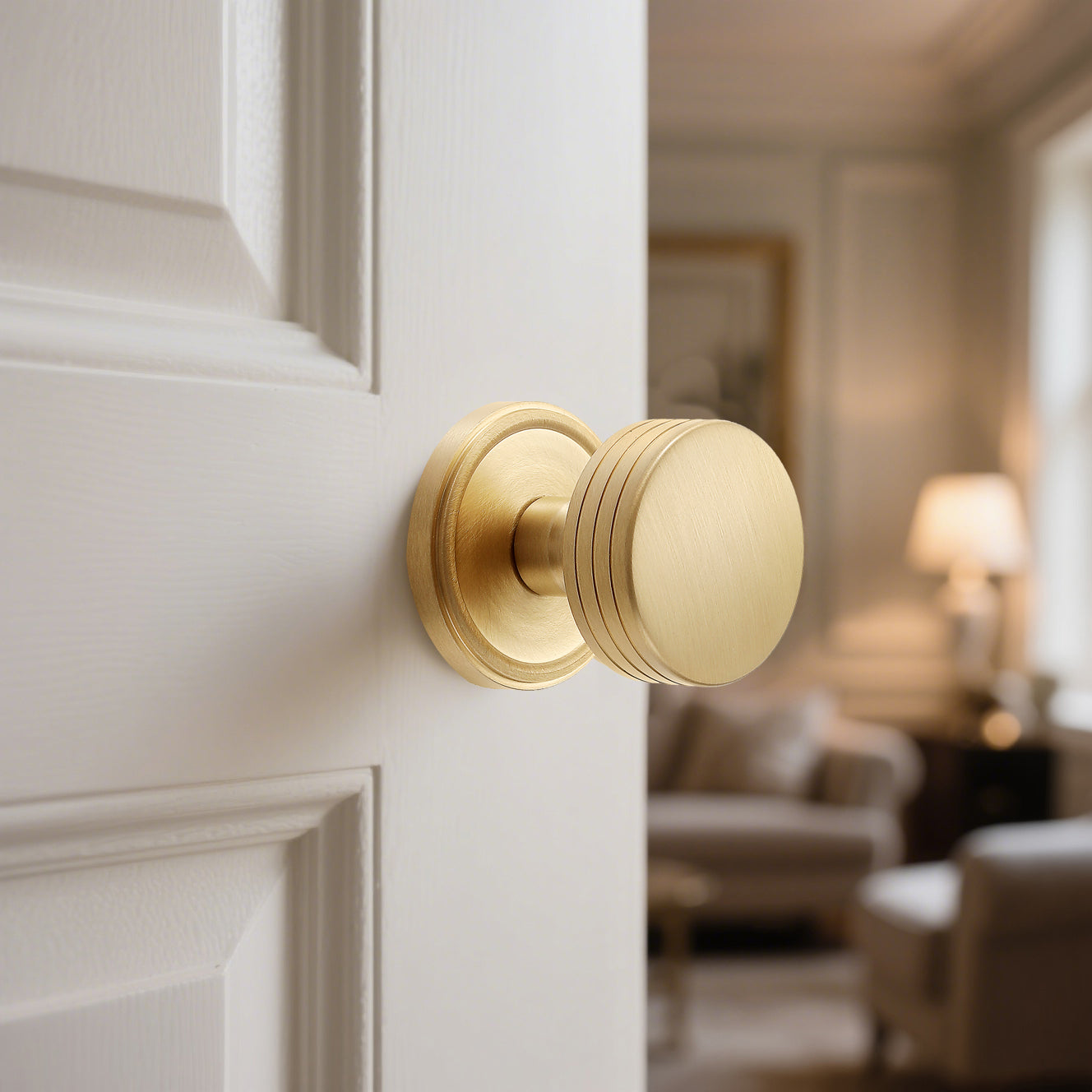 Grooved Brushed Brass Privacy Door Knob | Minimalist Brass Handle for Bedroom & Bathroom
