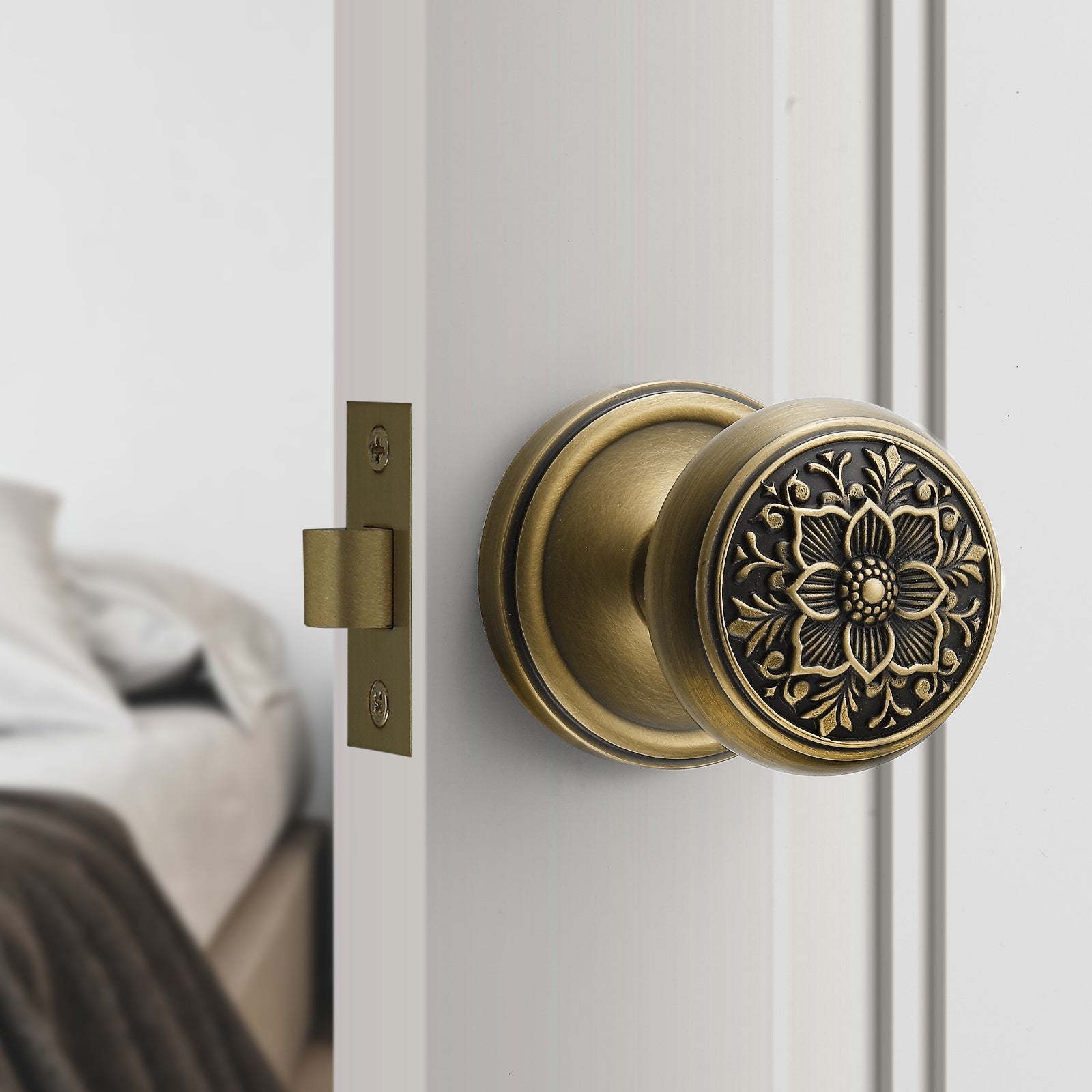 Antique Brass Floral Privacy Door Knob | Brass Vintage Interior Handle for Bedroom & Bathroom