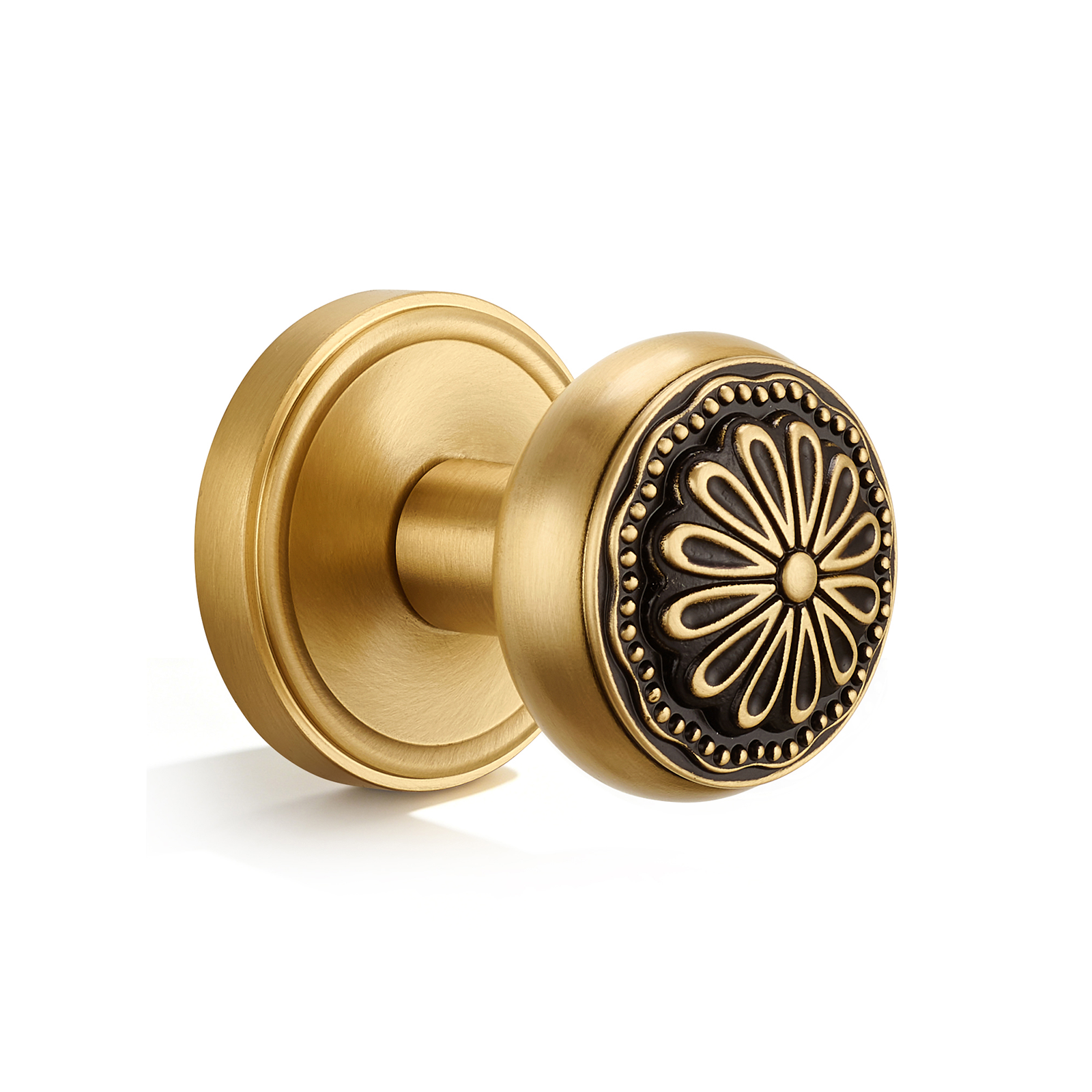 Brushed Brass Floral Dummy Door Knob Set | Brass-on-Black Decorative Handle for Closet & French Doors (2 Pack)